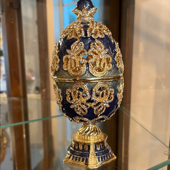 Faberge Style Austrian Crystal Blue and Gold Decorative Egg